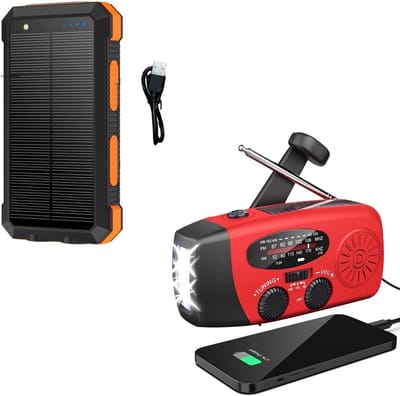 Noodradio Solar Opwindbaar en Batterij - Noodpakket - Draagbare Survival Radio - Inclusief 10.000 mAh Solar Powerbank - Powerbank Zonneenergie - Bouwradio - Zaklamp - Rood