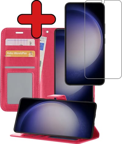 Hoesje - Met Screenprotector - Geschikt voor Samsung Galaxy S23 - Luxe Pasjeshouder - Flipcase - Bookcase Portemonee - Flip Case - Kunstleer Book Case - Book Cover - Walletcase - Portemonneehoes - Telefoonhoes - Donkerroze