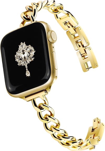 Stravo Luxe Schakel Bandje – Geschikt voor Apple Watch 46mm (Series 10/11), 45mm (Series 7/8/9), 44mm (Series 4/5/6, SE 1/2/3), 49mm (Ultra 1/2/3) – Elegant Metalen Dames Horlogebandje – Goud