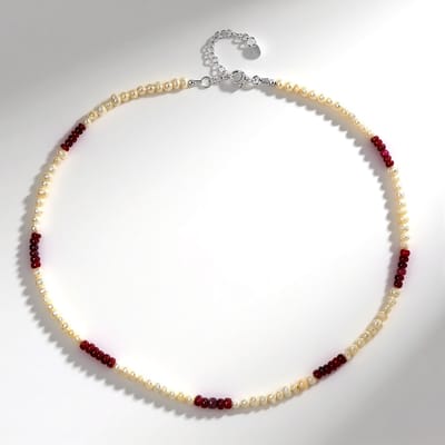 Cavill - Zilveren halsketting - 925 sterling zilver gerhodineerd - Indiase Robijn 18,24 ct - Witte zoetwaterparels - Elegante luxe dames ketting