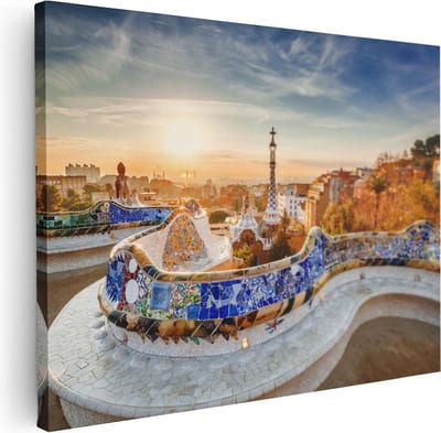 Artaza Canvas Schilderij Barcelona - 40x30 cm - Klein - Wanddecoratie Skyline - Muurdecoratie Mozaiek - Kamer Accessoires Zon