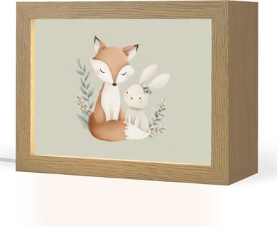 Nachtlampje 20x15 cm - Kinder lampje - Illustratie - Vos - Konijn - Bladeren - Tafellamp kinderkamer - Slaapkamer lamp - Bedlamp kinderen - Kinderlampje stopcontact - Wandlamp babykamer - Nachtlampjes
