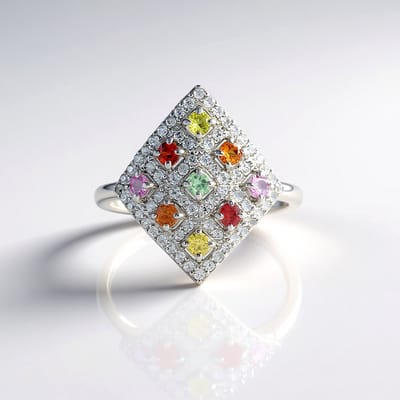 Cavill - Zilveren Ring 925 Geplatineerd - 9 Madagaskar Saffieren 0,493 ct & 68 Zirkonia 0,646 ct - Elegant Rond Design Damesring