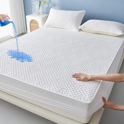 Matrashoes + 2 kussenslopen, TPU-laag voor waterdicht en ademend gebruik, geschikt voor matrassen tot 28 cm dik,Bloem—wit,180*200cm+kussensloop 48*74cm