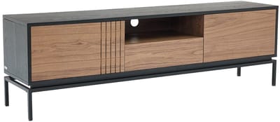 Vente-unique Tv-meubel met 2 deurtjes, 1 lade en 1 vak in notelaarfineer en metaal - Donkere houteffect en zwart - ZINORI