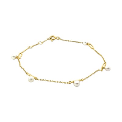 New Bling 9NBSAM-G230353 Gouden Armbandje met Parels - Hangertjes - 5 Pareltjes - 3,4mm - Ankerschakel - 0,6mm - 16+1+1cm - 14 karaat - Goud