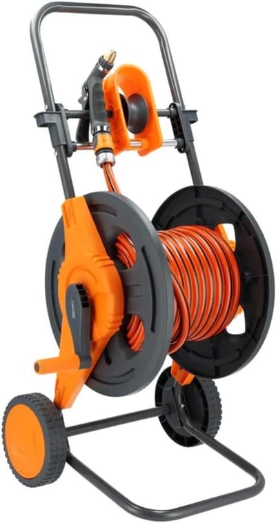 Slangwagen met slang - Tuinslang haspel - Tuin besproeien - Vierlaagse slang - 25 meter - Grijs