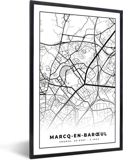 Fotolijst incl. Poster Zwart Wit- Kaart – Stadskaart – Marcq-en-Barœul - Frankrijk – Plattegrond - Zwart wit - 40x60 cm - Posterlijst