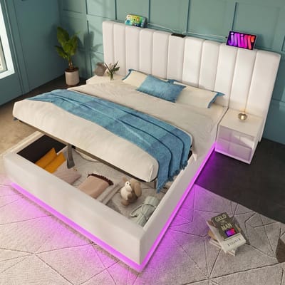 VVBV Gestoffeerd Opbergbed 180x200 cm - LED, USB-C, Hydraulische Opbergruimte, Lattenbodem, Nachtkastje, Linnen, Zonder Matras