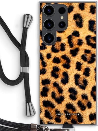 Case Company® - Hoesje met koord geschikt voor Samsung Galaxy S23 Ultra hoesje met Koord - Luipaard - Telefoonhoesje met Zwart Koord - Bescherming aan alle Kanten en Over de Schermrand