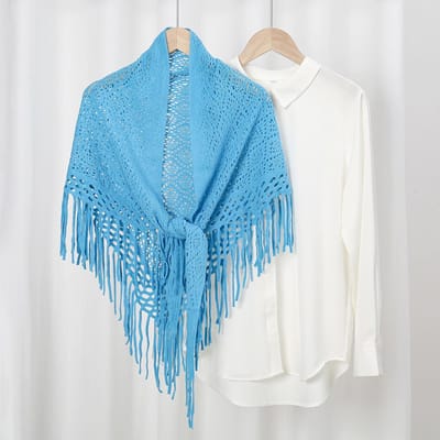 Châles Écharpes à Pompons en Coton Tricoté Femme Doux Haute Qualité Châles Voyage Plage Cape Femme Creux Mode Écharpes blue