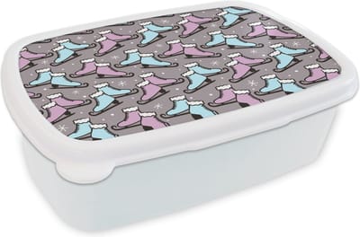 Broodtrommel Wit - Lunchbox - Brooddoos - Schaatsen - Patroon - Winter - 18x12x6 cm - Volwassenen