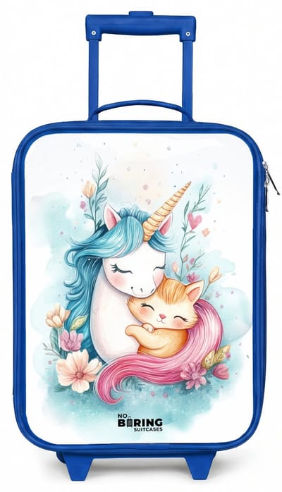 NoBoringSuitcases.com® - Kinderkoffer blauw - Kindertrolley jongen - Eenhoorn met blauwe manen en oranje kitten - Koffer kind lichtgewicht - Reiskoffer trolley voor kinderen - Koffertje met lichtgevende wieltjes - Rolkoffer
