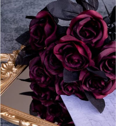 Dailygoods- Kunstmatige Rozenbloem 10 Stuks - Zijden Bloemen - Flexibele Stengel - Bruidsboeket - Feestdecoratie - Wijnrood/Zwart - Neprozen