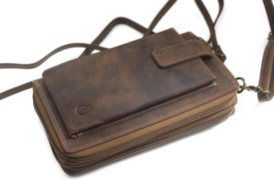 Oi Hunter bruine leren reistasje afsluitbaar met 2 ritsen voor heel veel pasjes / complete portemonnee te dragen als schoudertasje met ruimte voor uw mobiele telefoon / portefeuille achtige beurs voor 31 pasjes / RFID SAFE / bruin leer / 291H