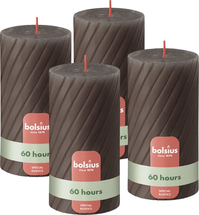 Bolsius - Rustieke Kaars - Gedraaid Patroon - 4 stuks - Taupe Donker Bruin - 60 branduren - 13 cm