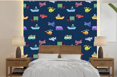 Behang - Fotobehang Patronen - Vliegtuig - Boot - Vrachtwagen - Jongetje - Jongens - Kinderen - Kids - Breedte 240 cm x hoogte 240 cm