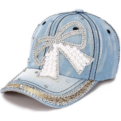 Dames Jeans Baseballpet met Parels en Strass Strik, Verstelbare Bling Zon Hoed Voor Buiten, Reizen, Dagelijks Gebruik, Mode Streetwear Adjustable