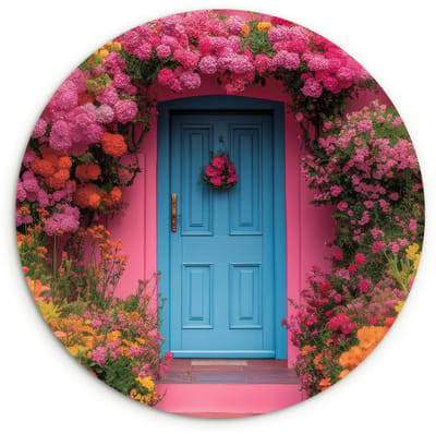 WallCircle® Wandcirkel 120x120 cm - Muurcirkel Bloemen - Deur - Roze - Muurdecoratie woonkamer - Wanddecoratie slaapkamer - Kamer decoratie accessoires - Ronde schilderijen XXL