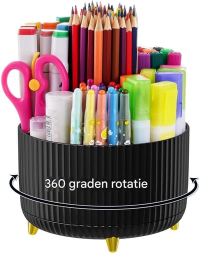 TOVBMUP Pennenhouder - 360° Draaibare Stiftenorganizer met 5 Vakken - Grote Ronde Opbergbox - Geschikt voor Bureau en Thuisgebruik - Antislip Bodem, Waterdicht & Makkelijk Schoon te Maken - ABS Materiaal - 1 Stuks 15x12cm