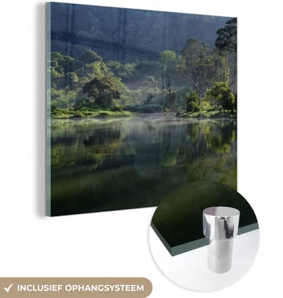 MuchoWow® Glasschilderij 50x50 cm - Schilderij acrylglas - Geweldige weerspiegeling van een tropisch regenwoud in een meertje in Jakarta - Foto op glas - Schilderijen