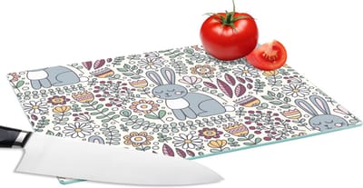 Glazen Snijplank - 28x20 - Konijn - Bloemen - regenboog - Kinderen - Design - Snijplanken Glas