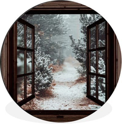 WallCircle - Wandcirkel - Muurcirkel - Bos - Winter - Bomen - Natuur - Pad - Doorkijk - Aluminium - Dibond - 90x90 cm - Binnen en Buiten