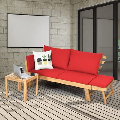 Tuinbank met Ligfunctie 198 x 75 x 75 cm Acaciahouten Loungesofa met Verstelbare Armleuningen, Inclusief Rode Kussens, Omvormbaar tot Ligbed voor Tuin, Terras en Balkon Rood - Mobili Bella