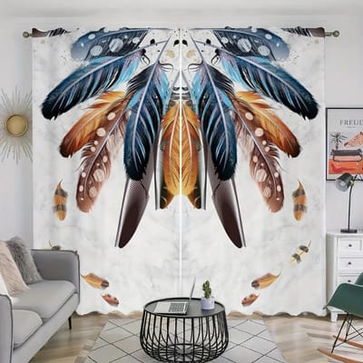 2 stuks gordijnroede met pauwenverenprint voor privacybescherming in de woonkamer, slaapkamer, kantoor en woondecoratie W50xH130(CM)x2PCS-Grommet Top