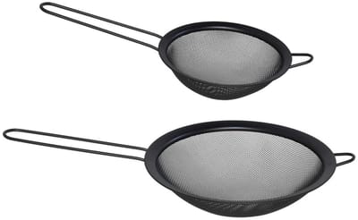 Gerimport keuken vergiet met handvat - set 2x stuks - zwart - metaal - 18/13 cm