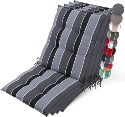 Beautissu Sun-NL – Set van 4 Premium Lage Rugleuning Kussen 100x50 cm - UV-bestendig & 8cm Dik Kussen Tuinstoelkussen Antislip Bevestigingsbanden – Stevige Stof Antraciet Gestreept
