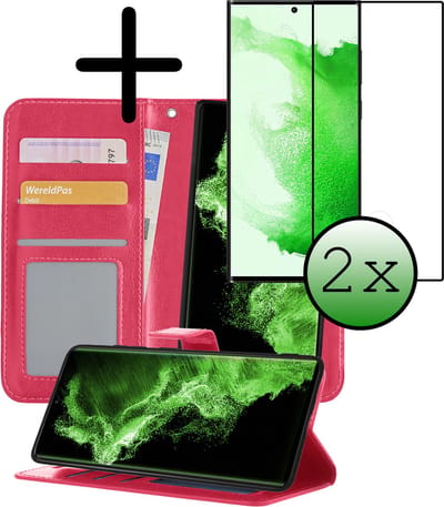 Hoesje 2 in 1 - Geschikt voor Samsung Galaxy S22 Ultra - Met 2x Screenprotector - En Uitneembare Hard Cover - Bookcase - Wallet Case - Met Pasjeshouder - Book Case - Uitneembaar - Pashouder - Kunstleer - Donkerroze