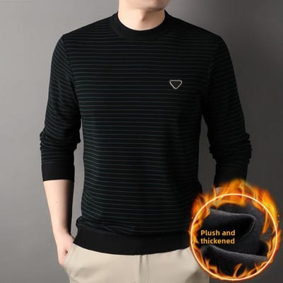 Gestreept Gebreid Fleece Trui met Lange Mouwen Heren Winter Nieuw Ronde Hals Casual Onderhemd Veelzijdige Trui Top 3XL black