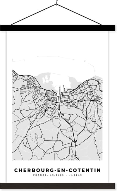 Posterhanger incl. Poster 40x60 cm - Schoolplaat - Kaart - Stadskaart - Cherbourg-en-Cotentin - Plattegrond - Frankrijk - Textielposter - Zwarte latten - Stadskaart