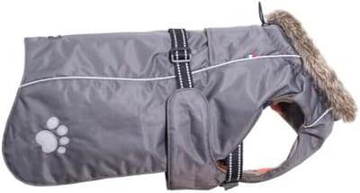 Warme Hondenjas met Harnas - Gevoerd met Fleece en Bontkraag - Reflecterend - Verstelbaar - Maat L - Grijs