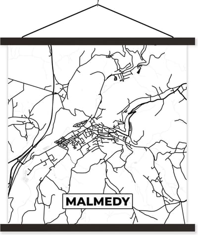 Posterhanger incl. Poster 60x60 cm - Schoolplaat - Zwart Wit – België – Plattegrond – Stadskaart – Kaart – Malmedy - Textielposter - Zwarte latten - Stadskaart