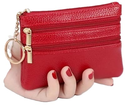 Luxe Draagbare Dubbele Rits Portemonnee I Sleutelbeursje I Pasjes Houder I Wallet I Voor Brief & Muntgeld I Incl Sleutelhanger I PU Leer I Rood