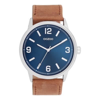OOZOO Timepieces - Zilverkleurige horloge met leren band leren band - C11501