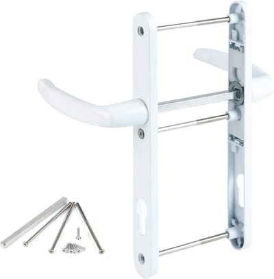 Deurhendelset met 92 mm deurknop en witte drukknop, inclusief montagemateriaal, aluminium handgrepen voor binnen- en buitendeuren, patio- en tuindeuren, totale lengte 250 mm
