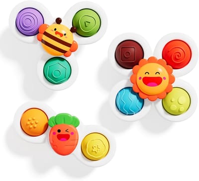 3 Stuks Zuignap Spinner Speelgoed voor Baby - Cartoon Bij Zon Wortel Zintuiglijk Fidget Speelgoed - Montessori Vroegopvoedend Pop It Speelgoed voor Peuters 1-3 Jaar - Bad Eetstoel Raam Reisspeelgoed