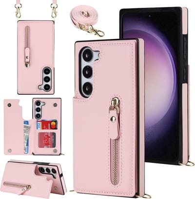 Casemania Hoesje Geschikt voor Samsung Galaxy S24 Plus - Roze - Luxe Back Cover met Koord & Rits - Wallet Case met Pasjeshouder - Lanyard Telefoonhoes - Cord Case
