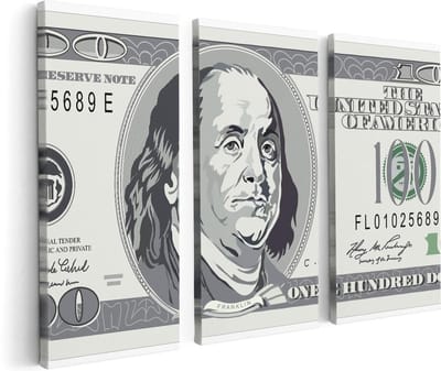 Artaza Canvas Schilderij Drieluik Geld Dollar Biljet - Briefje van 100 Dollar - 120x80 - Foto Op Canvas - Canvas Print