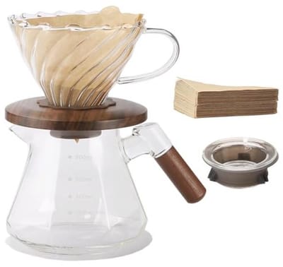 Pour Over Koffiezetapparaat met 600ml Borosilicaatglas en 100 V02 Papierfilters