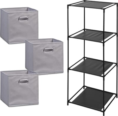 Zeller Kastmandjes/opberg manden - grijs - 3x stuks van 29L - Metalen rekje is 34 x 98 cm
