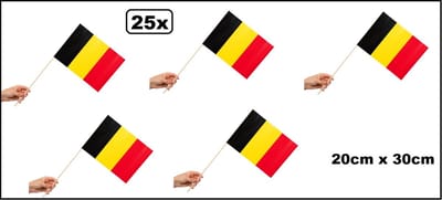 25x Luxe Zwaaivlaggetjes op stok Belgie 20cm x 30cm - stok hout 50cm - Zwaai vlaggetjes EK WK thema feest voetbal festival uitdeel