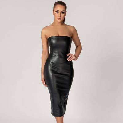 Nieuwe Zomer Sexy One-length Hals Slanke Slanke Heup Rok Split PU Damesjurk voor Vrouwen L zwart