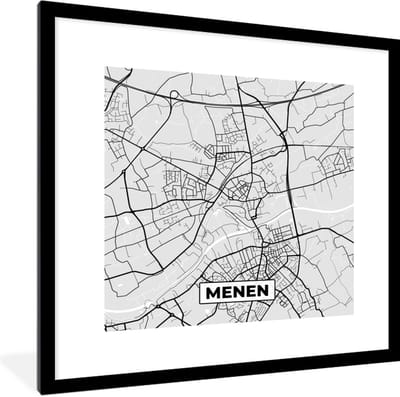 Fotolijst incl. Poster Zwart Wit- Stadskaart – Plattegrond – België – Zwart Wit – Menen – Kaart - 40x40 cm - Posterlijst