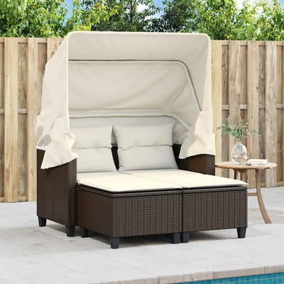 vidaXL - Tuinbank - 2-zits - met - luifel - en - voetenbanken - poly - rattan - bruin