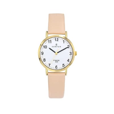 Certus-Dameshorloge-model 646588-taupe/creme kleurig lederen band-rond-5 atm waterdicht -diameter 28 mm-duidelijke wijzerplaat-made in France