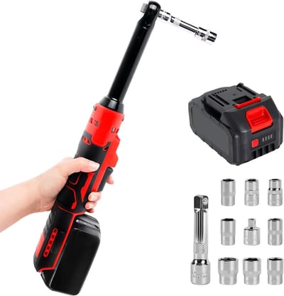 Krachtige 3/8 Inch Accu Ratelsleutel met 80 N.m Koppel, 320 RPM en Verlengde Kop, Inclusief LED Licht en 8 Steeksleutels voor Efficiënt Werkzaamheden